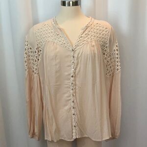 Sundance Long Sleeve Crochet Lace Trim Cream Blouse Women Size L